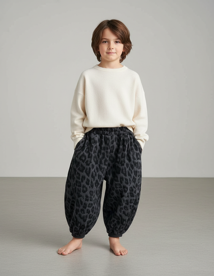 Pantalon Léopard Ample Molletonné Gris Enfant - Imprimé