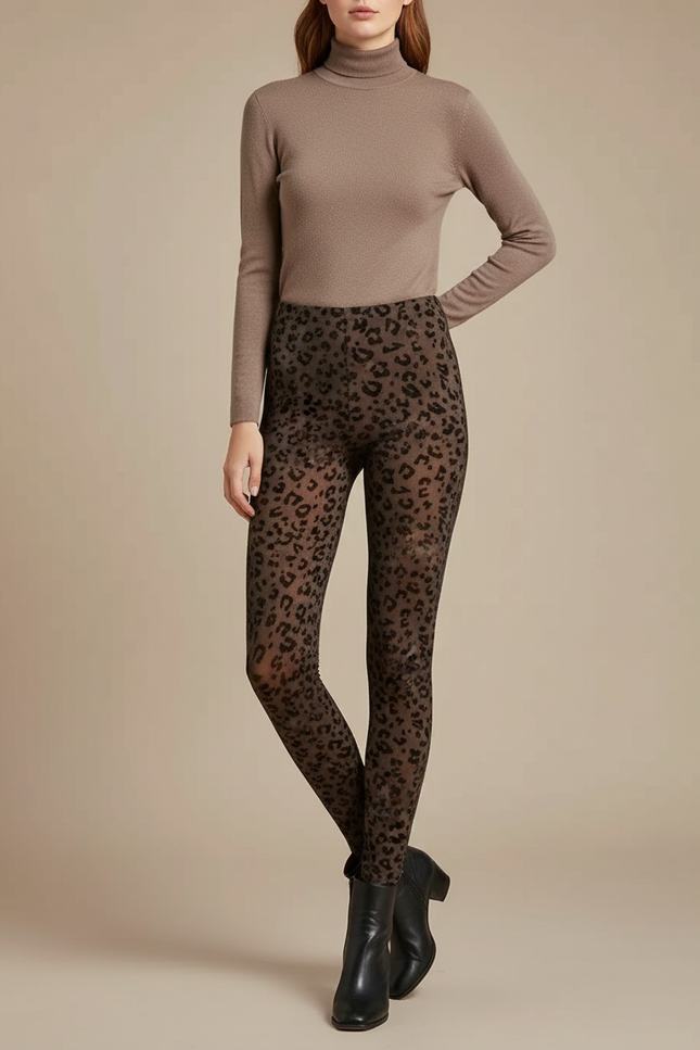 Pantalon Léopard Marron Moulant Transparent Imprimé Femme - Polyester