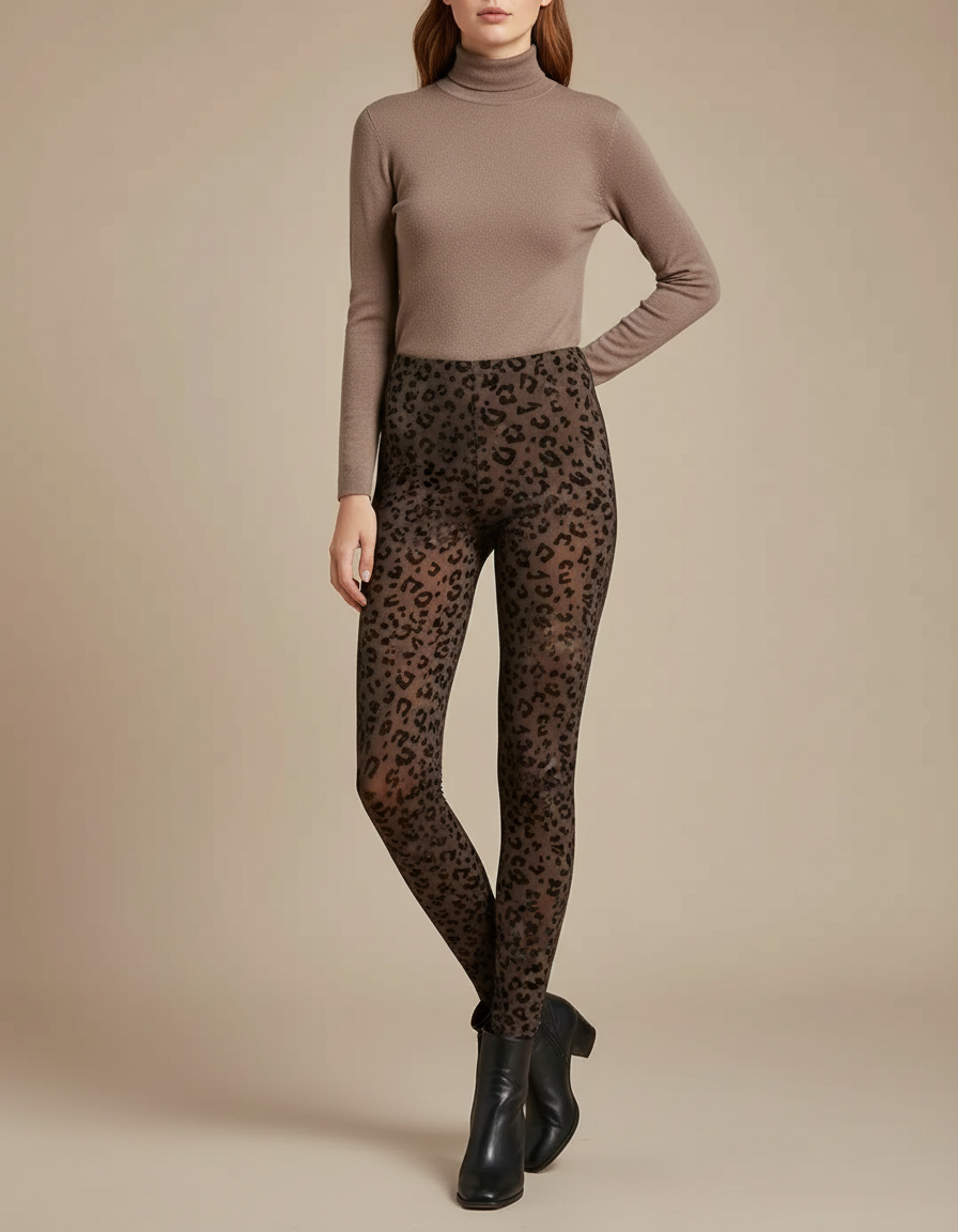 Pantalon Léopard Marron Moulant Transparent Imprimé Femme - Polyester