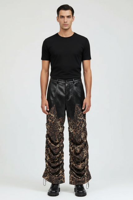 Pantalon Léopard Noir Plissé Imprimé Homme Décontracté - Simili cuir