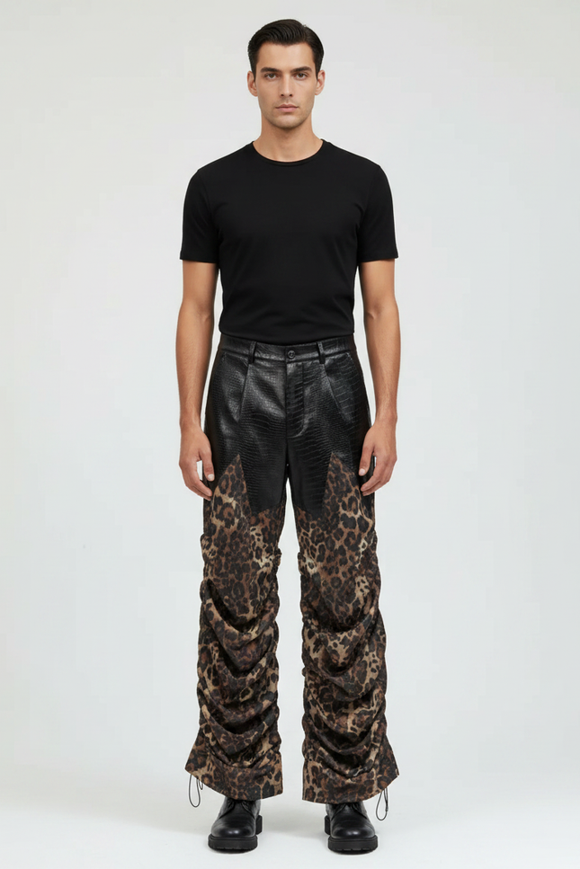 Pantalon Léopard Noir Plissé Imprimé Homme Décontracté - Simili cuir