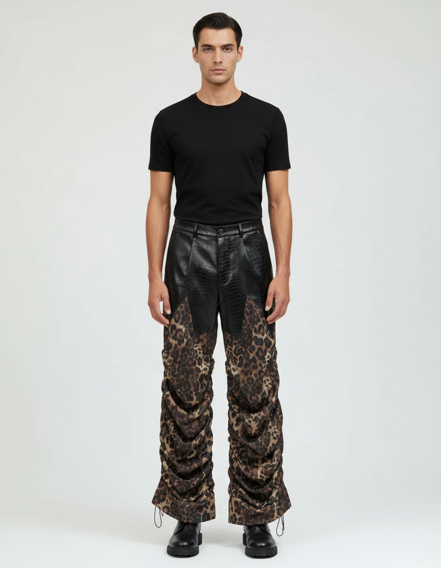 Pantalon Léopard Noir Plissé Imprimé Homme Décontracté - Simili cuir