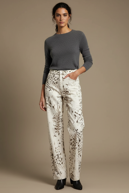 Pantalon Léopard Blanc Imprimé Ample Décontracté - Jean