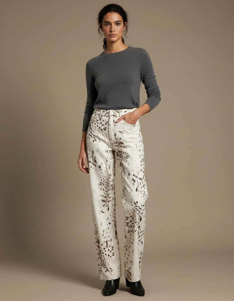 Pantalon Léopard Blanc Imprimé Ample Décontracté - Jean