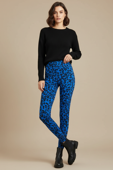 Pantalon Léopard Bleu Imprimé Ajusté Stretch Femme - Maille