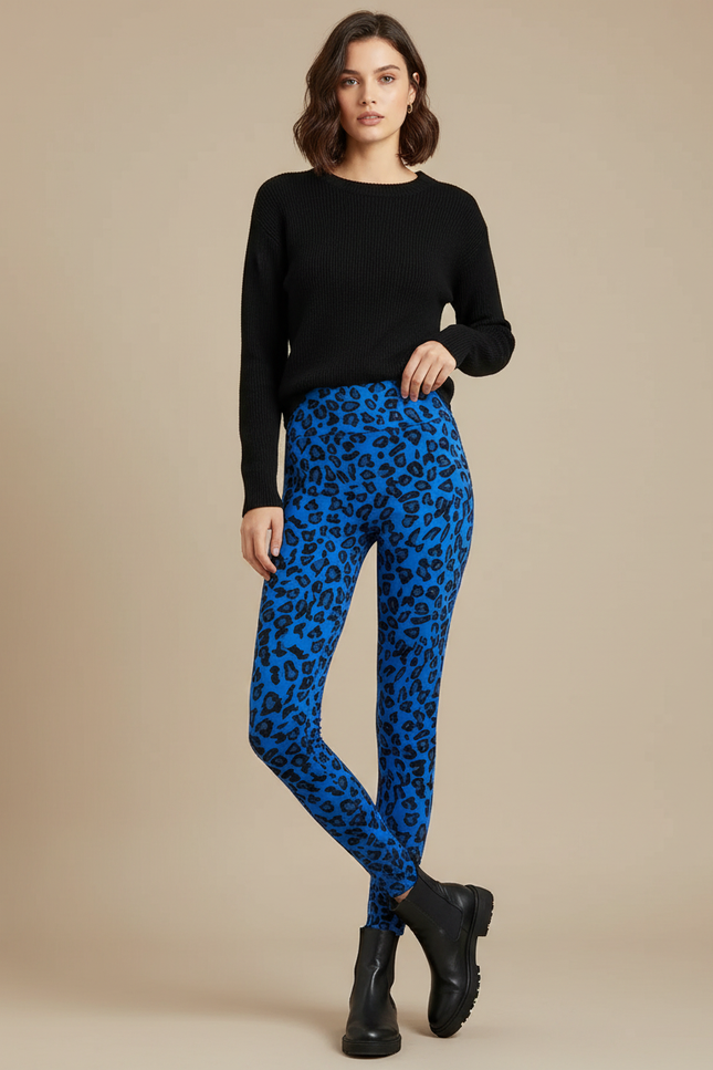 Pantalon Léopard Bleu Imprimé Ajusté Stretch Femme - Maille