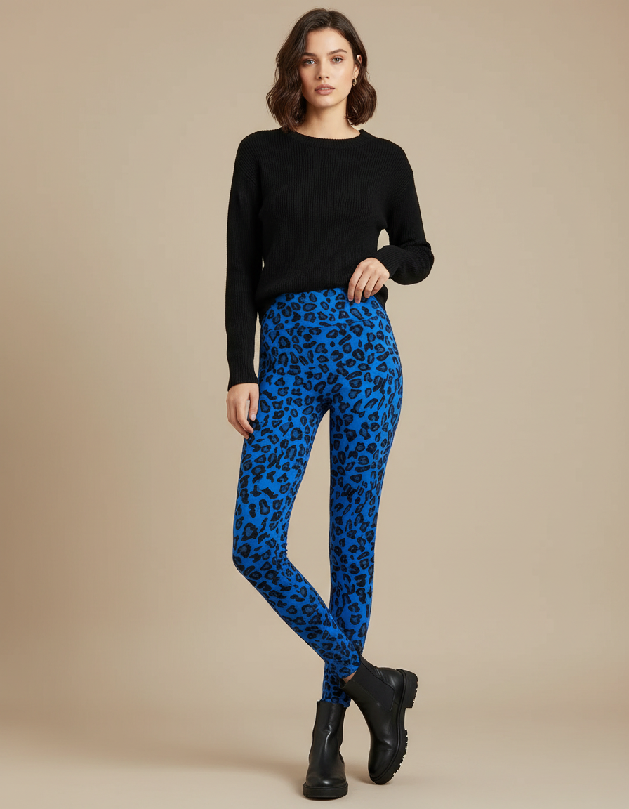 Pantalon Léopard Bleu Imprimé Ajusté Stretch Femme - Maille