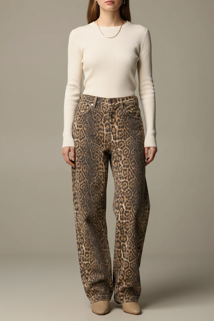 Pantalon Léopard Ample Imprimé Lavé Vintage Femme - Jean
