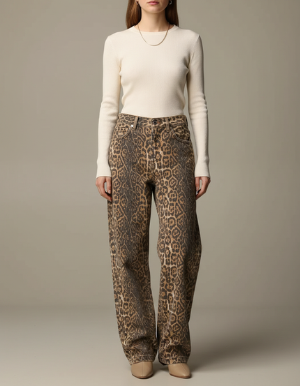 Pantalon Léopard Ample Imprimé Lavé Vintage Femme - Jean