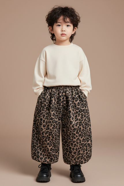 Pantalon Léopard Ample Marron Enfant Molletonné Confortable