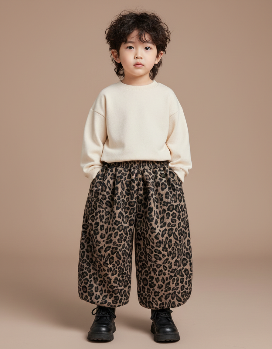 Pantalon Léopard Ample Marron Enfant Molletonné Confortable