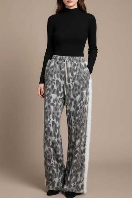 Pantalon Léopard Gris Ample Molletonné Doux Patchwork