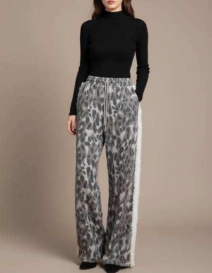 Pantalon Léopard Gris Ample Molletonné Doux Patchwork