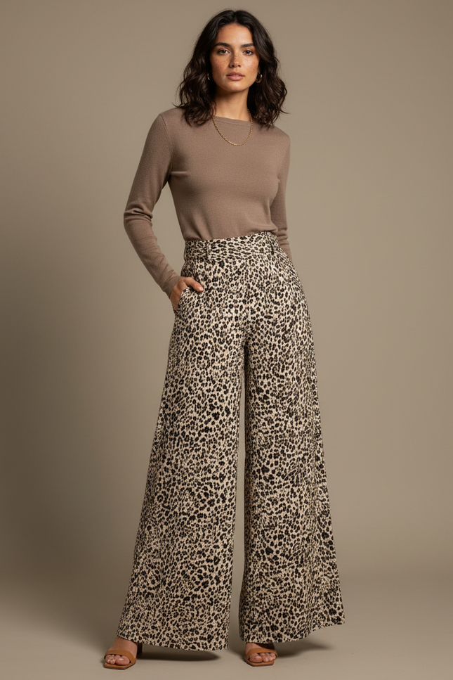 Pantalon Léopard Fluide Ample Taille Haute Femme - Imprimé Viscose