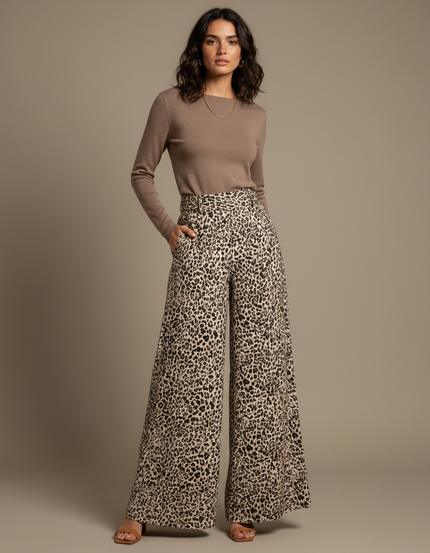 Pantalon Léopard Fluide Ample Taille Haute Femme - Imprimé Viscose