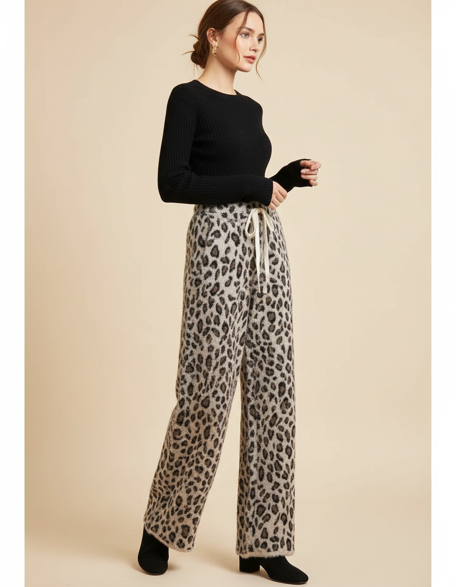 Pantalon Léopard Gris Ample Imprimé Doux Femme - Molleton