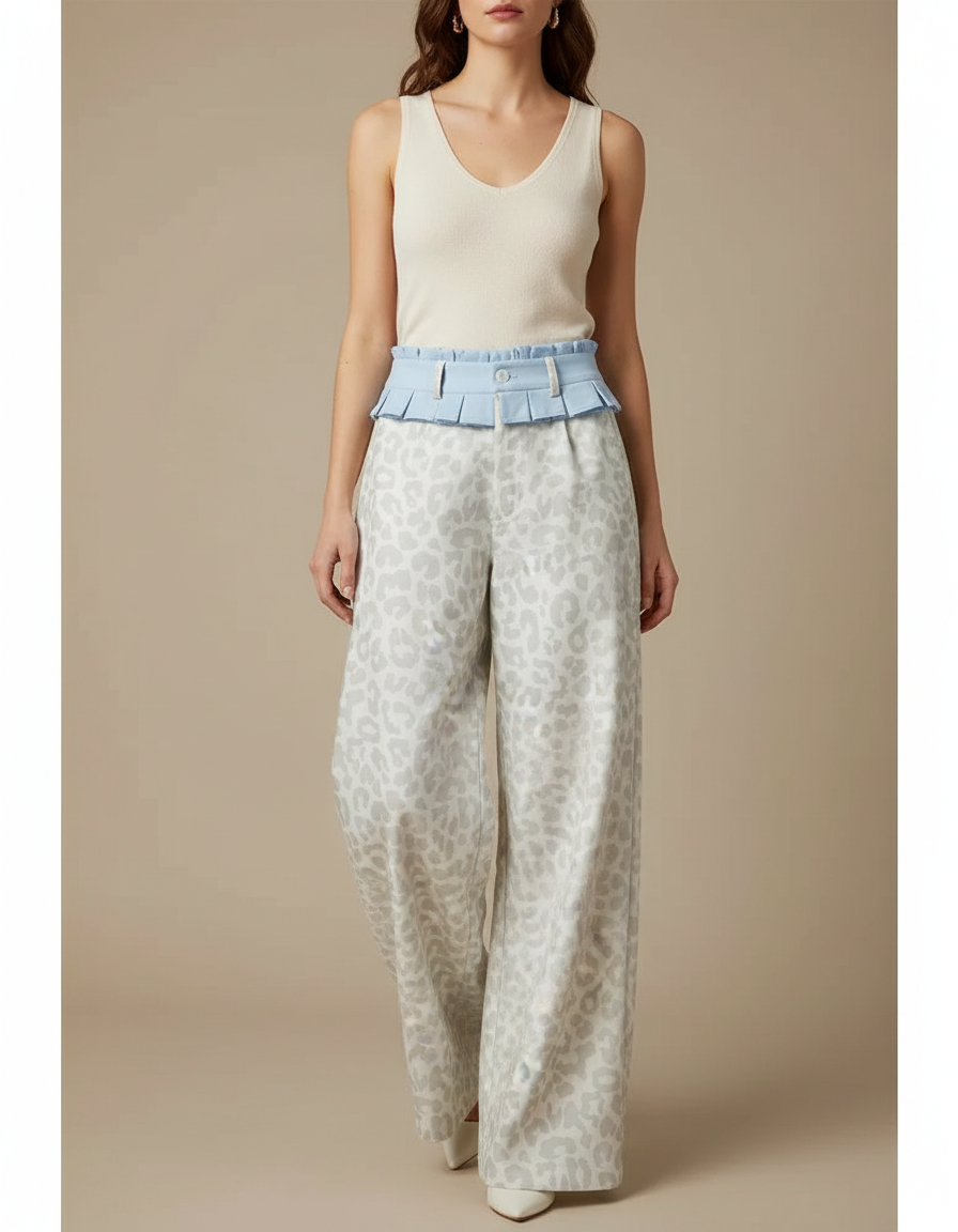 Pantalon Léopard Gris Ample Imprimé Fluide Femme - Viscose