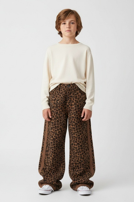 Pantalon Léopard Ample Marron Imprimé Décontracté Garçon - Molleton
