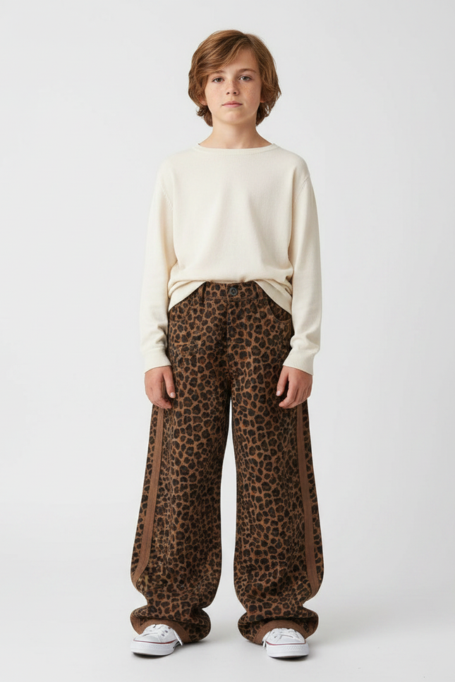 Pantalon Léopard Ample Marron Imprimé Décontracté Garçon - Molleton