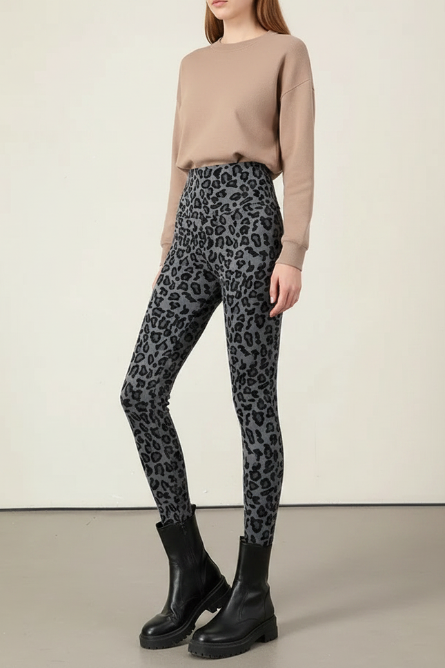 Pantalon Léopard Gris Slim Chaud Stretch Femme - Molleton