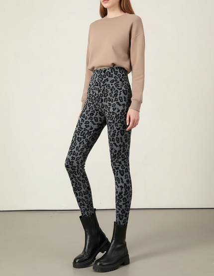 Pantalon Léopard Gris Slim Chaud Stretch Femme - Molleton