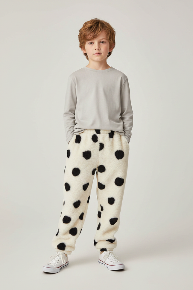 Pantalon Léopard Polaire Noir Blanc Ample Enfant - Beige Molleton