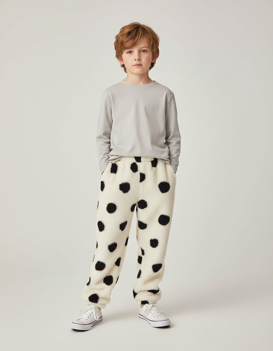 Pantalon Léopard Polaire Noir Blanc Ample Enfant - Beige Molleton
