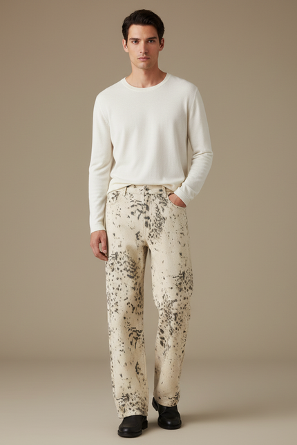 Pantalon Léopard Écru Imprimé Décontracté Ample Homme - Jean