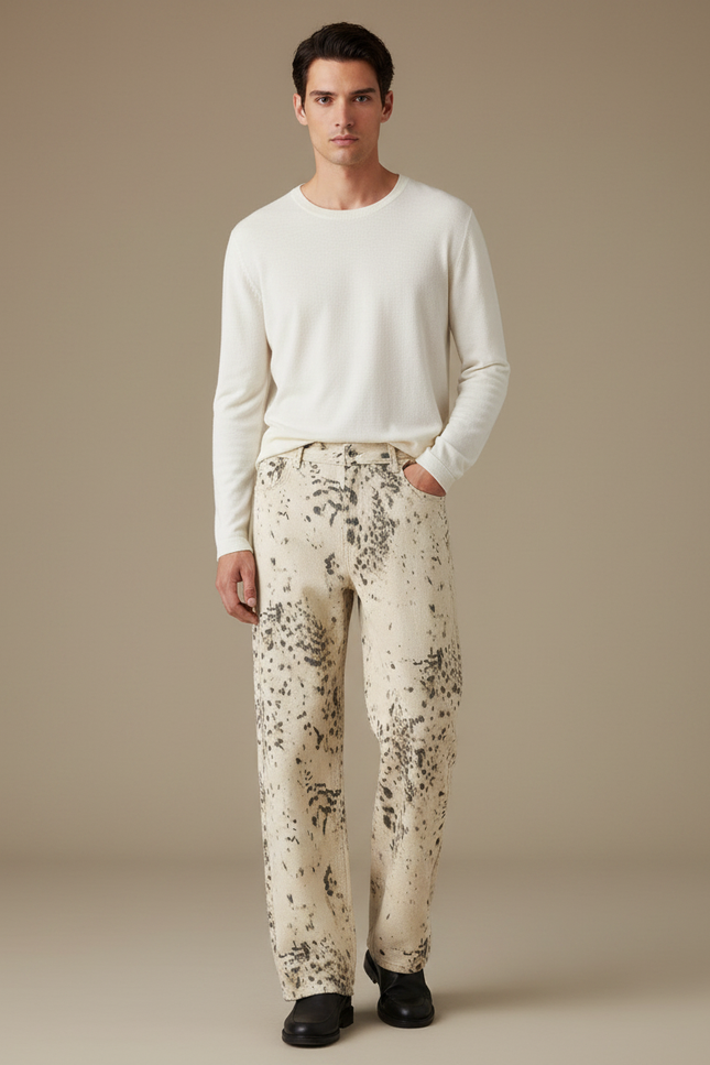 Pantalon Léopard Écru Imprimé Décontracté Ample Homme - Jean
