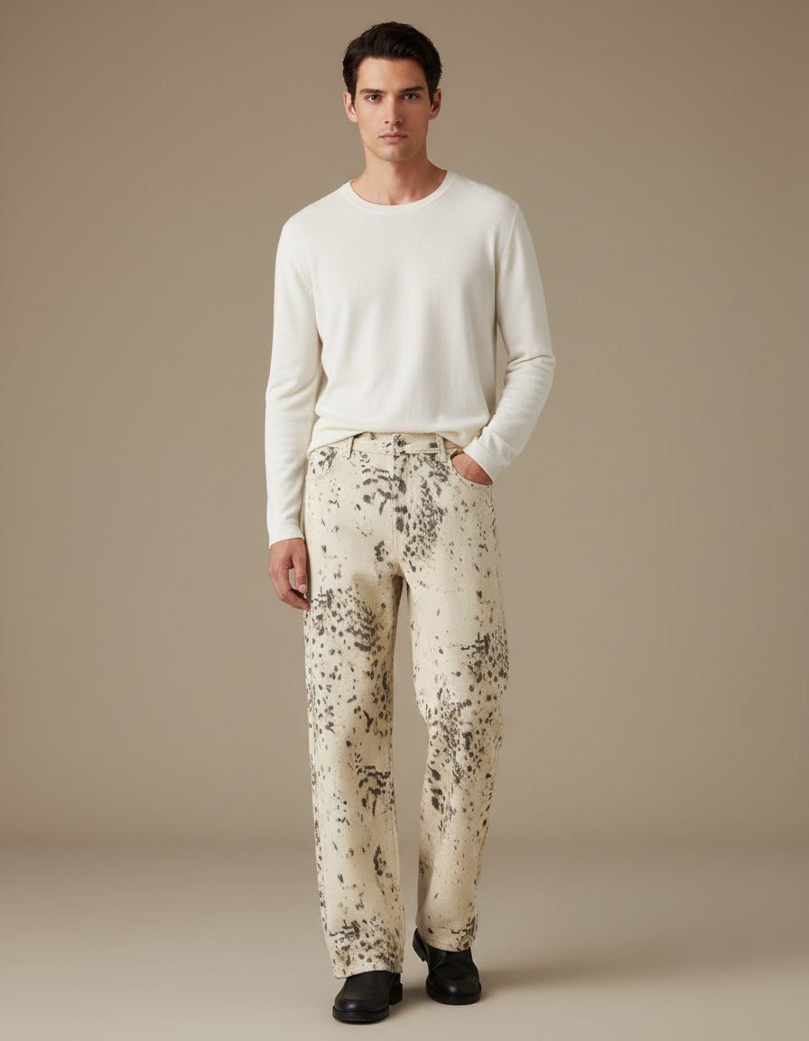 Pantalon Léopard Écru Imprimé Décontracté Ample Homme - Jean