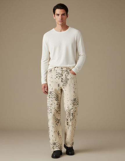 Pantalon Léopard Écru Imprimé Décontracté Ample Homme - Jean