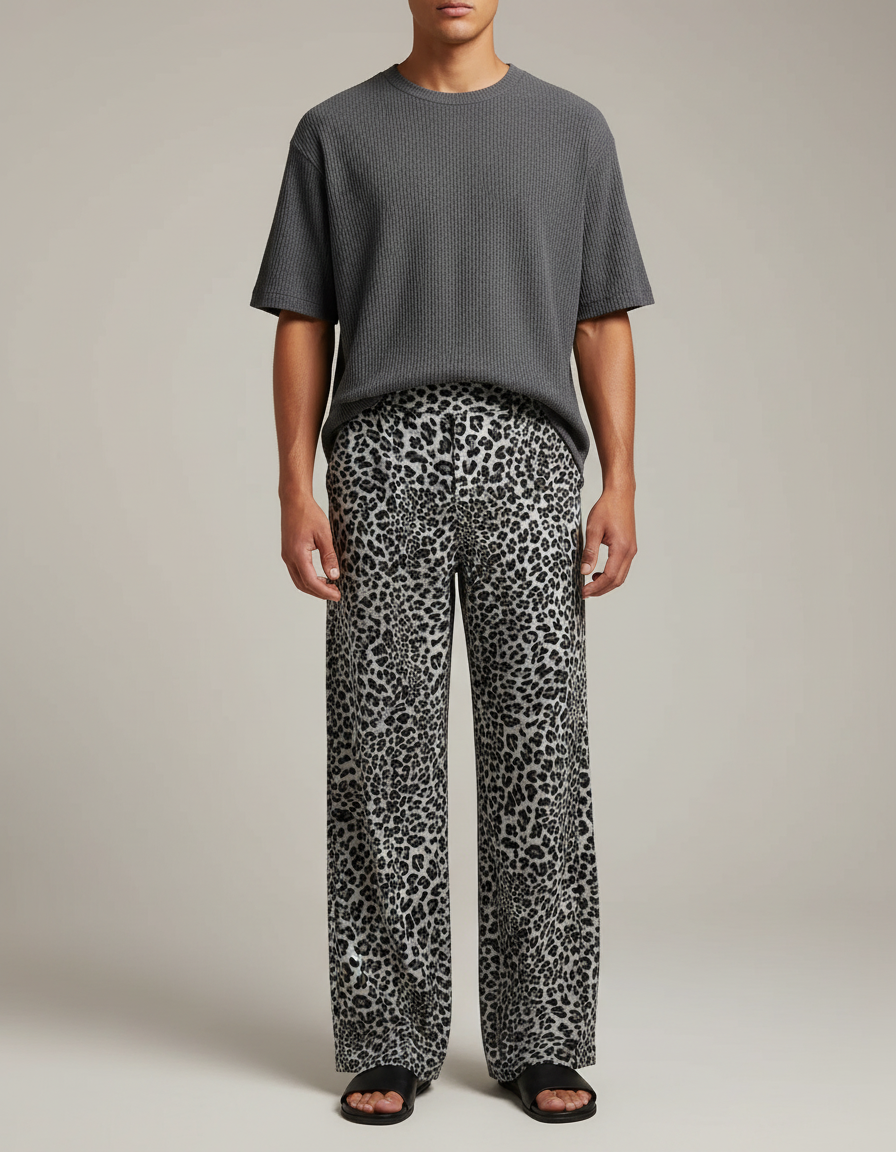 Pantalon Léopard Gris Ample Décontracté Fluide Confortable - Viscose