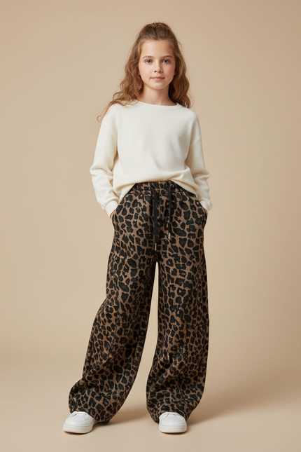 Pantalon Léopard Ample Marron Chaud Fille - Molleton