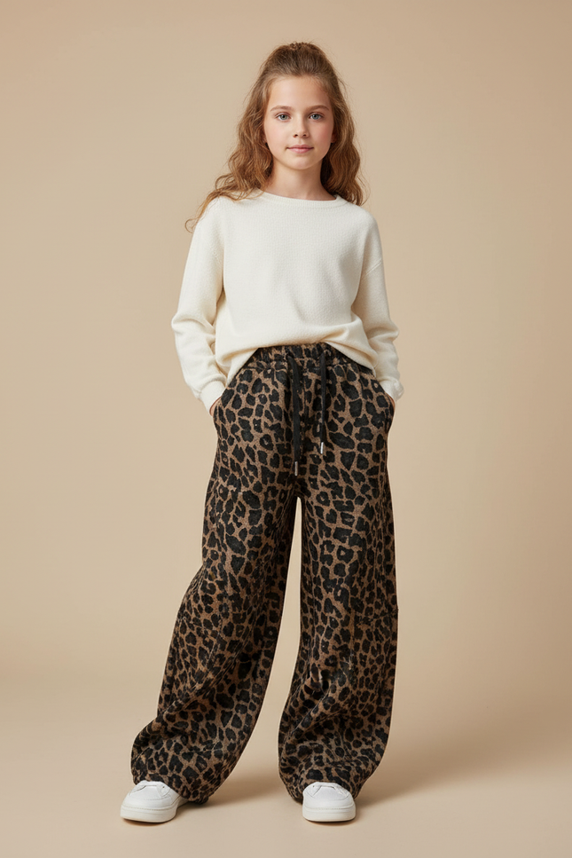 Pantalon Léopard Ample Marron Chaud Fille - Molleton