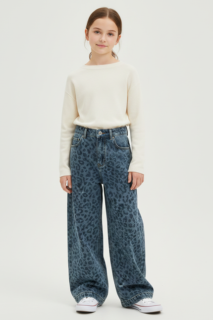 Pantalon Léopard Bleu Ample Imprimé Fille Tendance - Jean