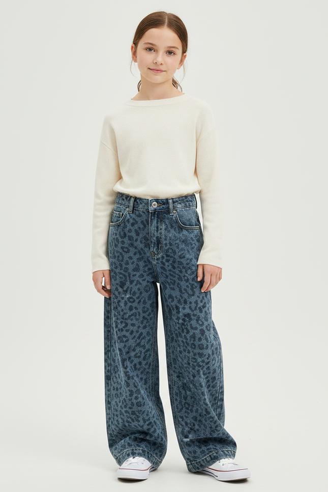 Pantalon Léopard Bleu Ample Imprimé Fille Tendance - Jean