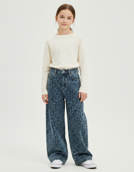 Pantalon Léopard Bleu Ample Imprimé Fille Tendance - Jean