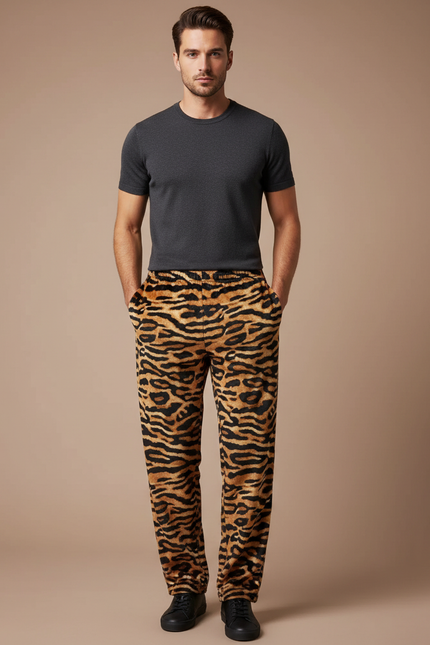 Pantalon Léopard Marron Ample Imprimé Doux Homme - Molleton