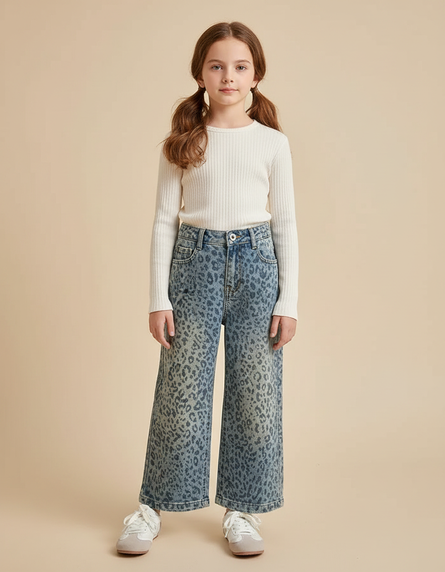 Pantalon Léopard Bleu Ample Imprimé Fille - Jean