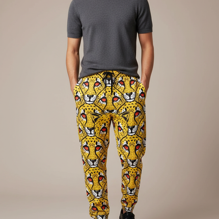 Pantalon Léopard Jaune Imprimé Visage Animal Homme - Molleton