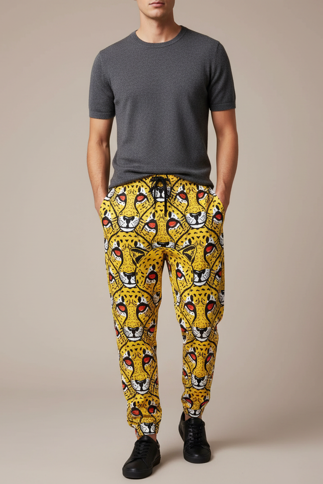 Pantalon Léopard Jaune Imprimé Visage Animal Homme - Molleton