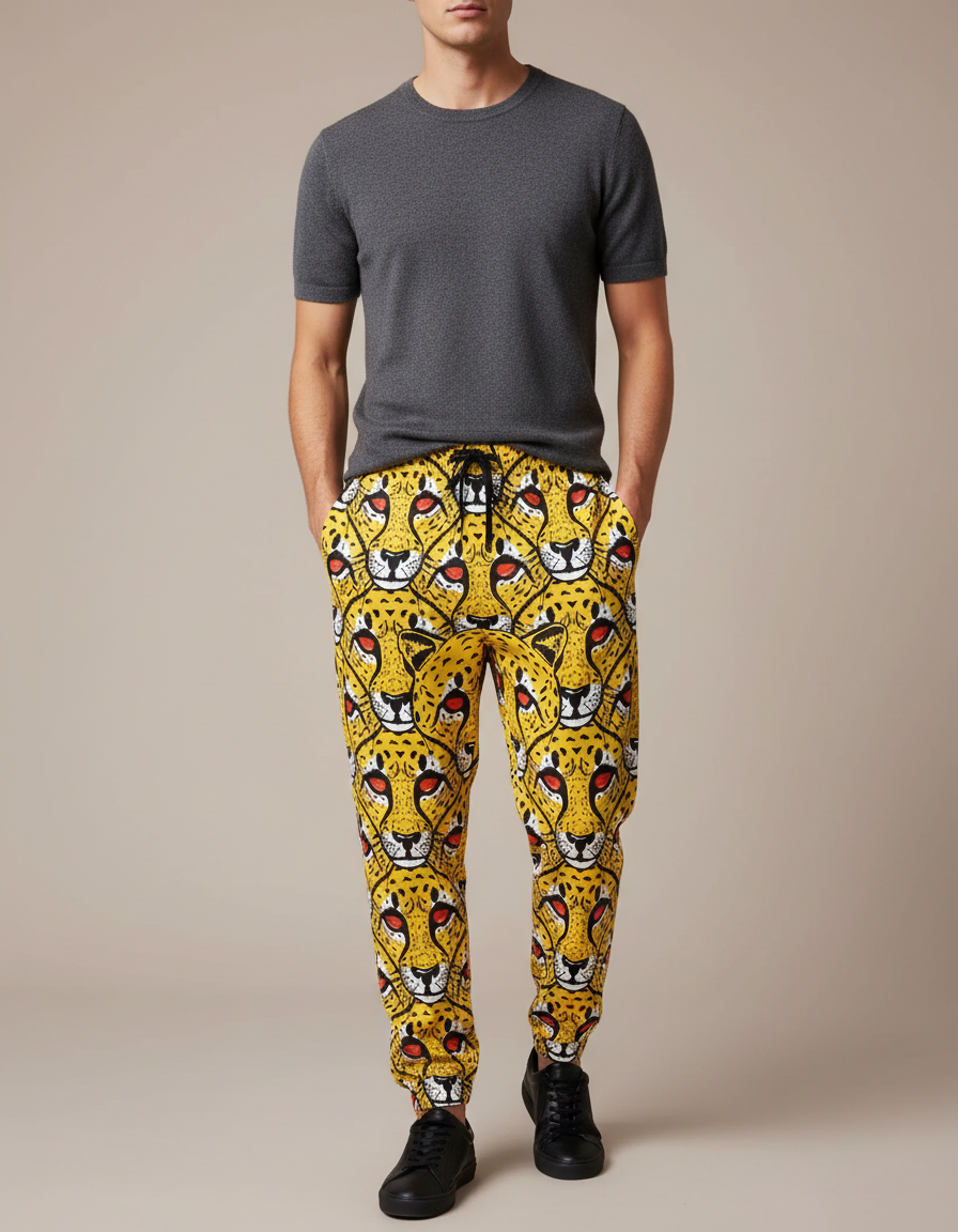 Pantalon Léopard Jaune Imprimé Visage Animal Homme - Molleton