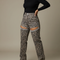 Pantalon Léopard Évasé Imprimé Strass Taille Haute - Jean
