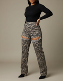 Pantalon Léopard Évasé Imprimé Strass Taille Haute - Jean