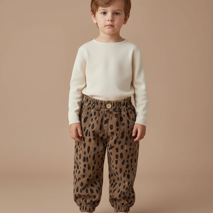 Pantalon Léopard Côtelé Marron Large Enfant - Cordé