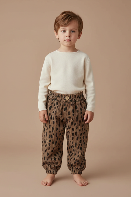 Pantalon Léopard Côtelé Marron Large Enfant - Cordé