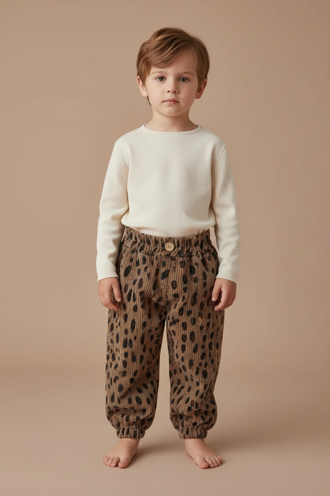 Pantalon Léopard Côtelé Marron Large Enfant - Cordé
