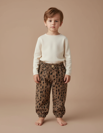 Pantalon Léopard Côtelé Marron Large Enfant - Cordé
