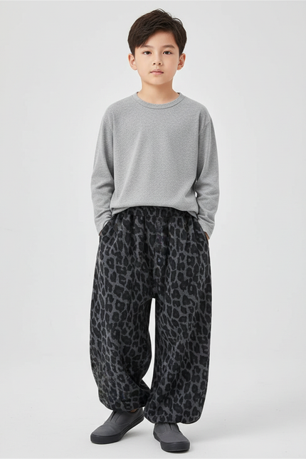 Pantalon Léopard Gris Ample Coton Épais Garçon - Imprimé Molleton