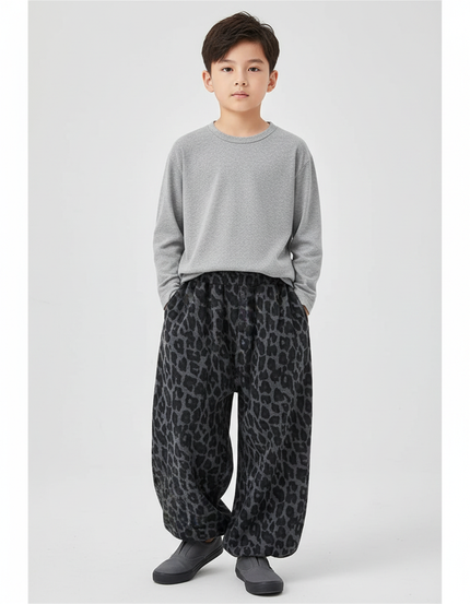 Pantalon Léopard Gris Ample Coton Épais Garçon - Imprimé Molleton